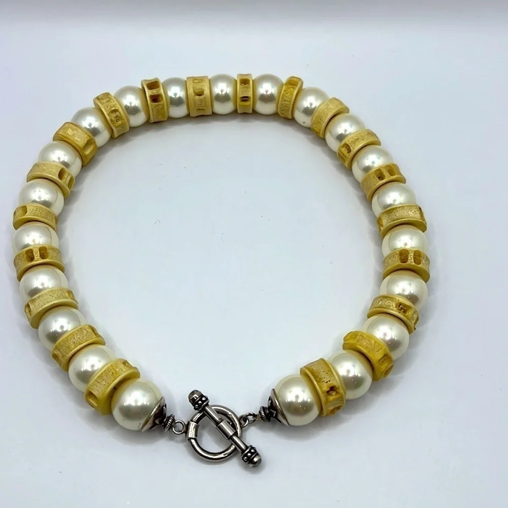 Sterling Silver Pearl and Bone Vintage unique choker necklace Toggle  Oversized